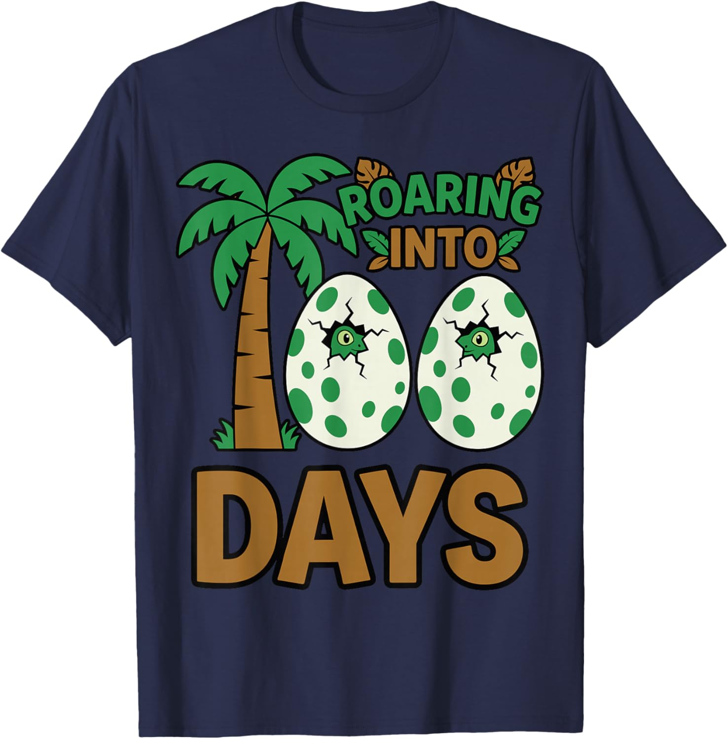 Roaring Into 100 Days Dinosaur Jungle 100 Days of School T-Shirt - T-Shirt | Navy