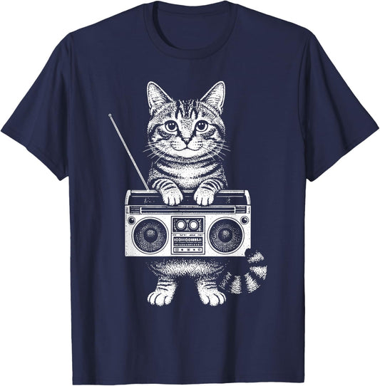 Cat Boombox Kitten Box Radio CD Player Cassette Audio T-Shirt - T-Shirt | Navy
