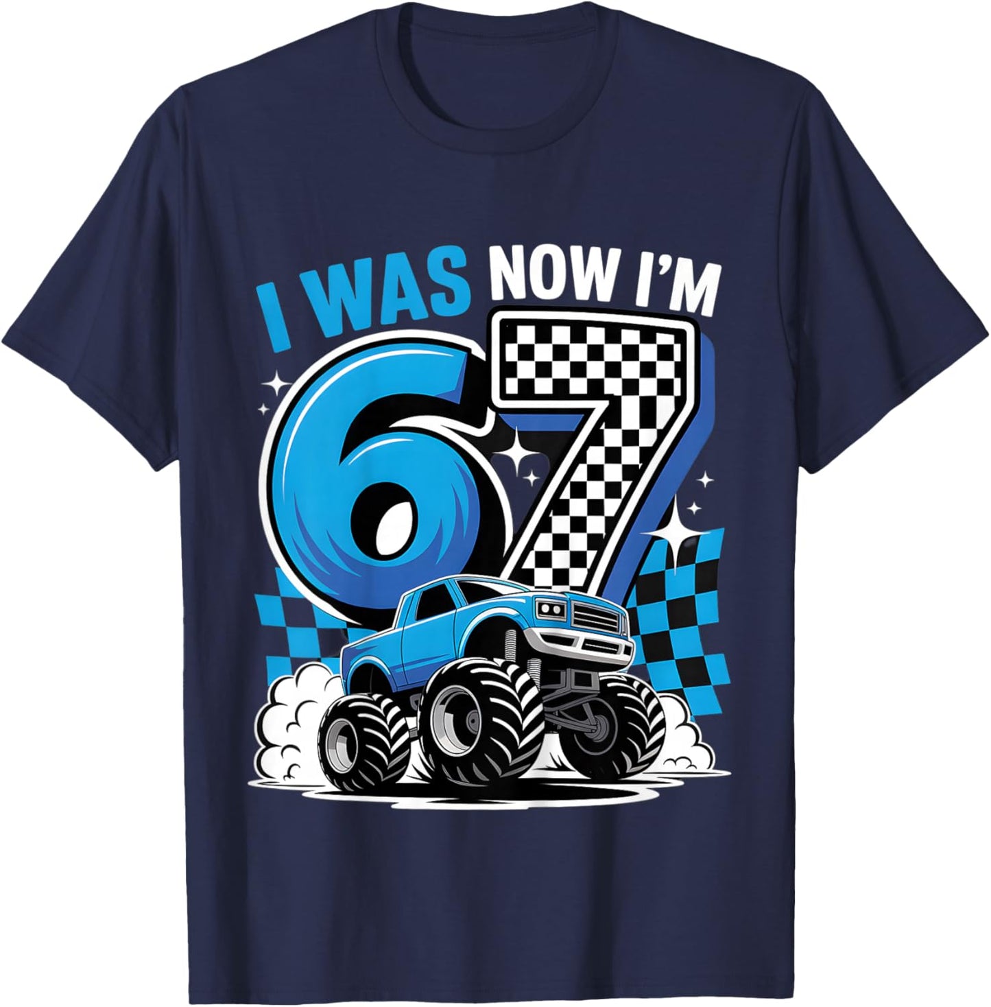Blue Checkered Monster Truck I was 6 Now I'm 7 Birthday Boy T-Shirt - T-Shirt | Navy