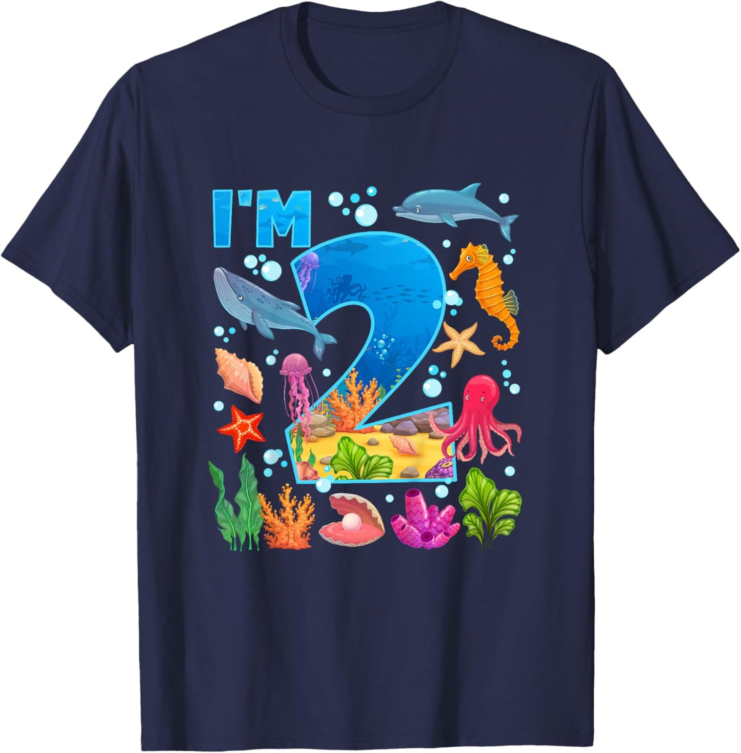 2nd Ocean Birthday Party Two Year Old Sea Animals T-Shirt - T-Shirt | Navy