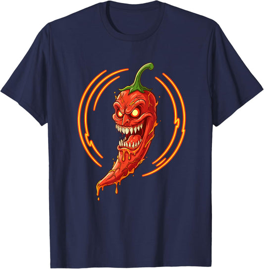 Fiery Evil Chili Pepper Mascot Spicy Heat T-Shirt - T-Shirt | Navy
