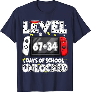 67 34 Days of School Dalmatian Dog Level Unlocked 100 Days T-Shirt - T-Shirt | Navy