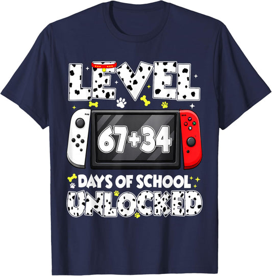 67 34 Days of School Dalmatian Dog Level Unlocked 100 Days T-Shirt - T-Shirt | Navy