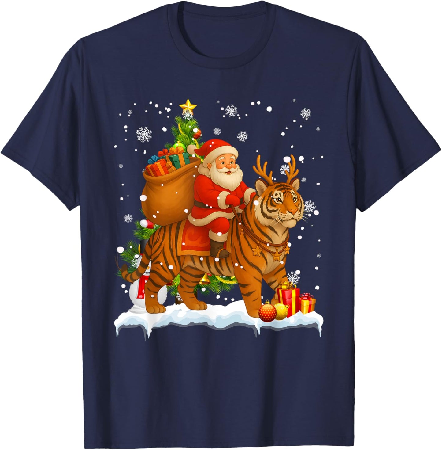 Xmas Decor Lights Funny Santa Riding Tiger Christmas T-Shirt - T-Shirt | Navy