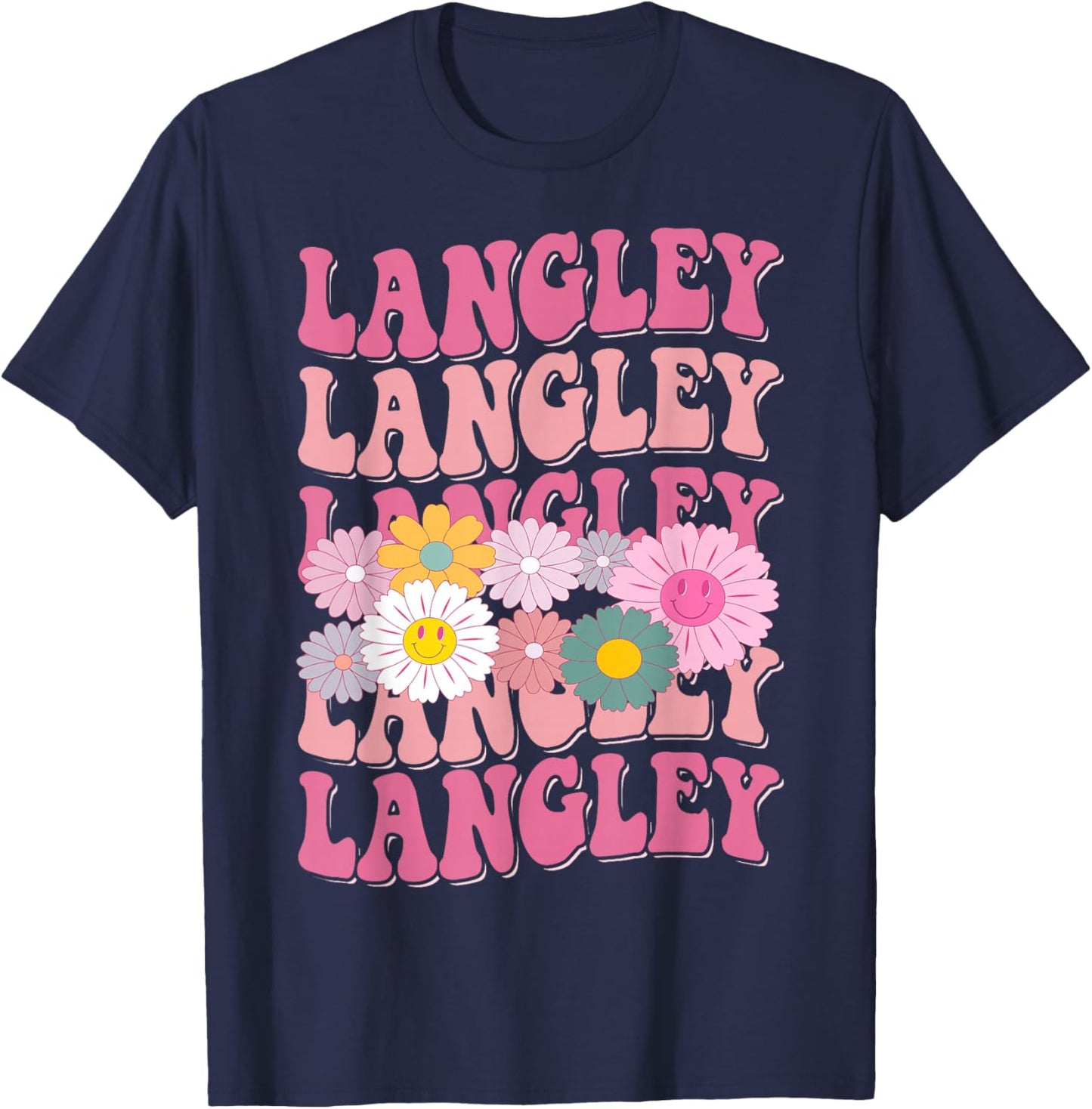Girl Retro Langley First Name Personalized Groovy 80's T-Shirt - T-Shirt | Navy