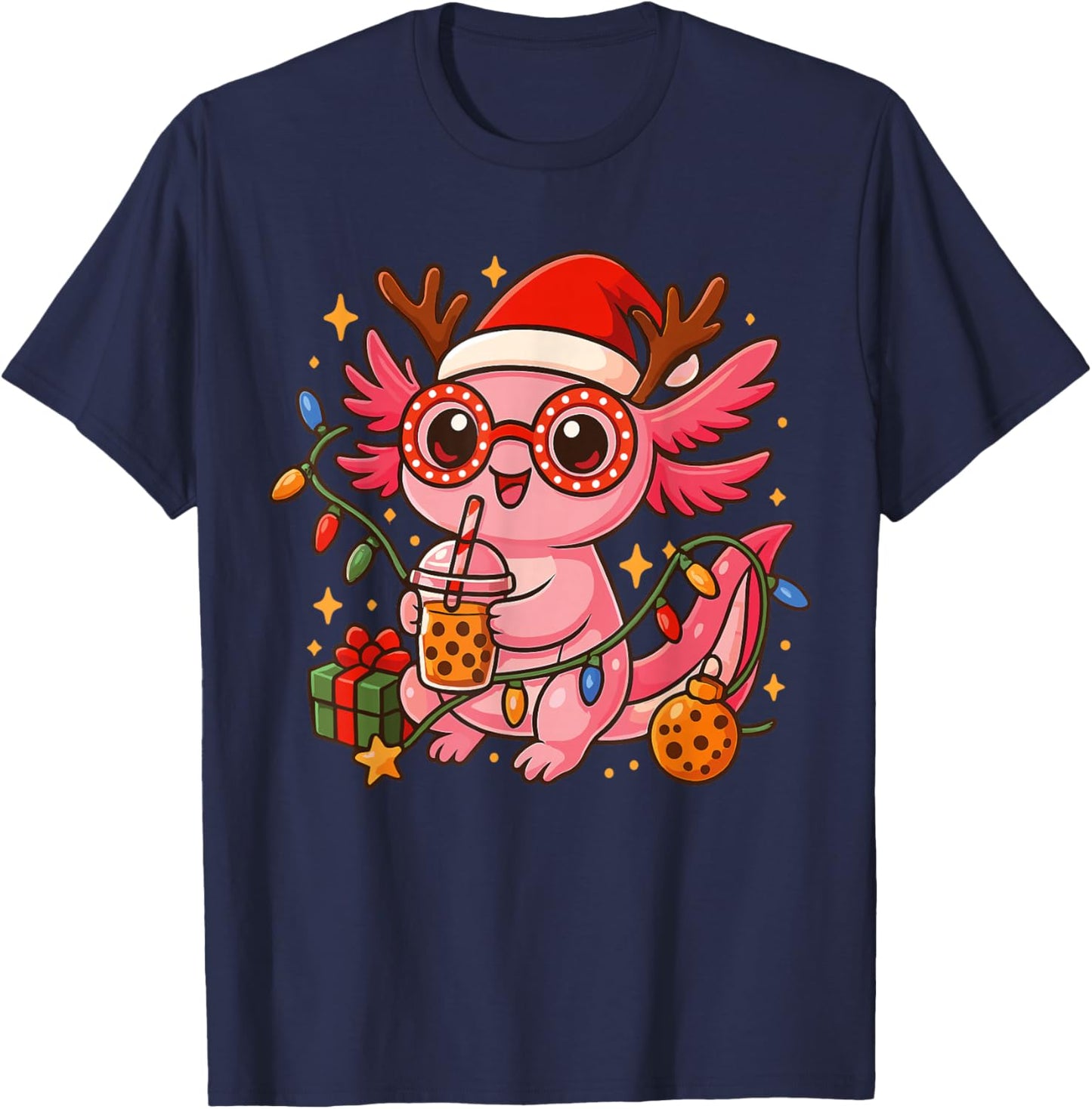 Axolotl Christmas Light Axolotl Drink Coffee Santa Hat Xmas T-Shirt - T-Shirt | Navy