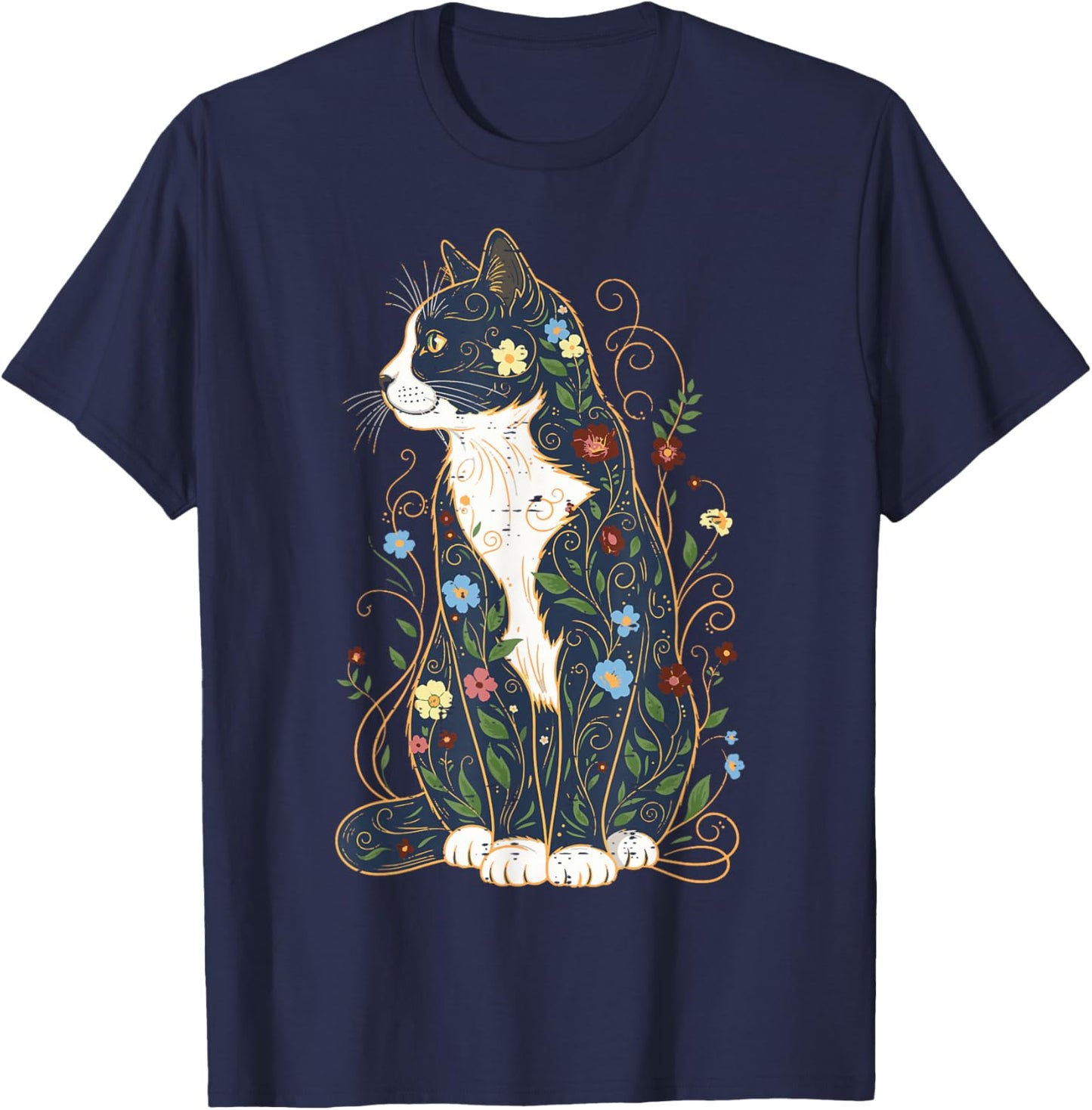 Cat Sitting Ornamental Flowers Kitten Floral Women Girls Kid T-Shirt - T-Shirt | Navy