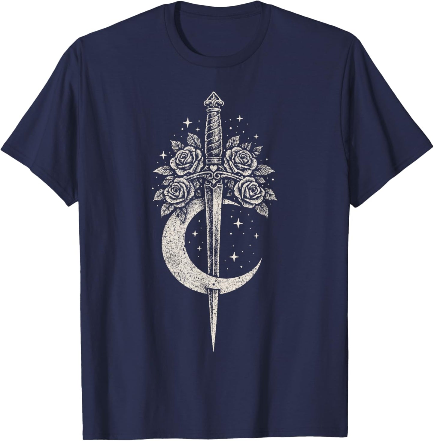 Sword Flowers Moon Romantic Goth Grunge Y2K Alt Aesthetic T-Shirt - T-Shirt | Navy