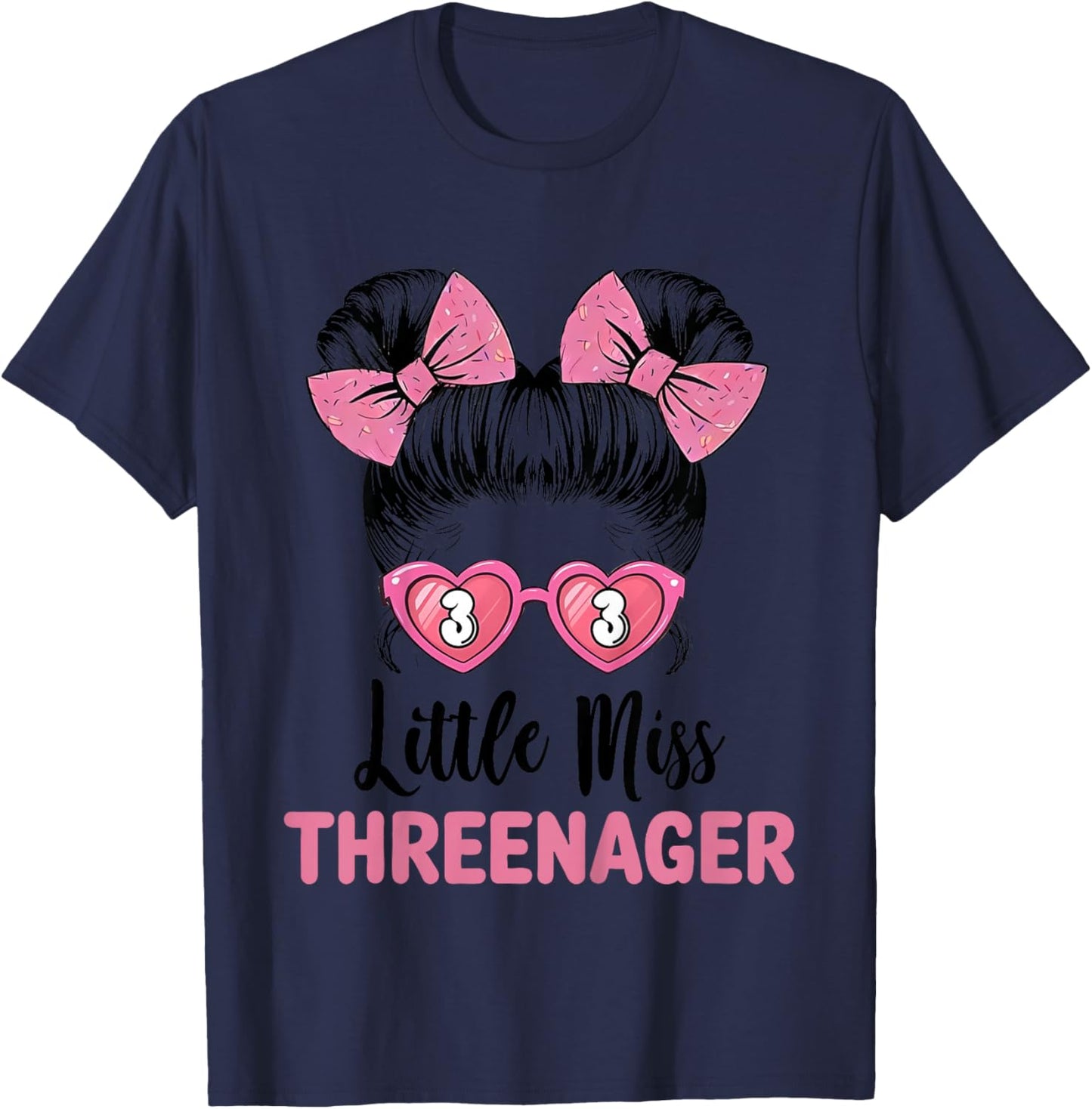 Little Miss Threenager 3rd Birthday 3 Messy Bun Girls Kids T-Shirt - T-Shirt | Navy