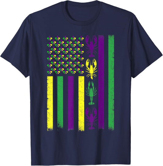Mardi Gras Crawfish USA American Flag Men Women Kid Outfit T-Shirt - T-Shirt | Navy