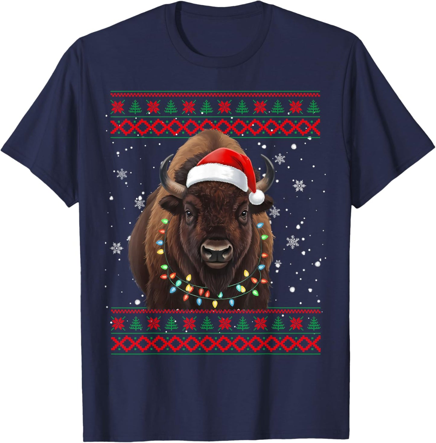 Bison Christmas Bison Xmas Tree Lights Family Matching T-Shirt - T-Shirt | Navy