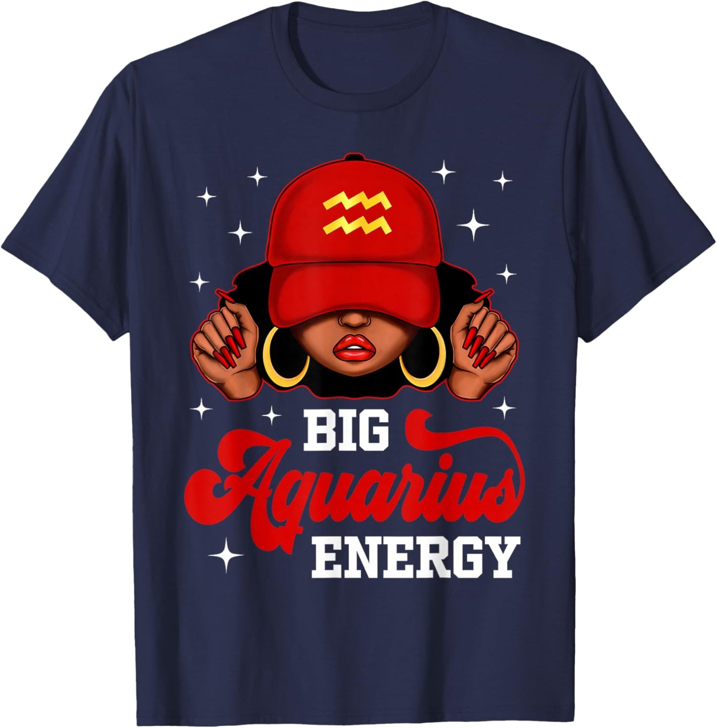 Big Aquarius Energy Black Woman with Red Cap Zodiac T-Shirt - T-Shirt | Navy