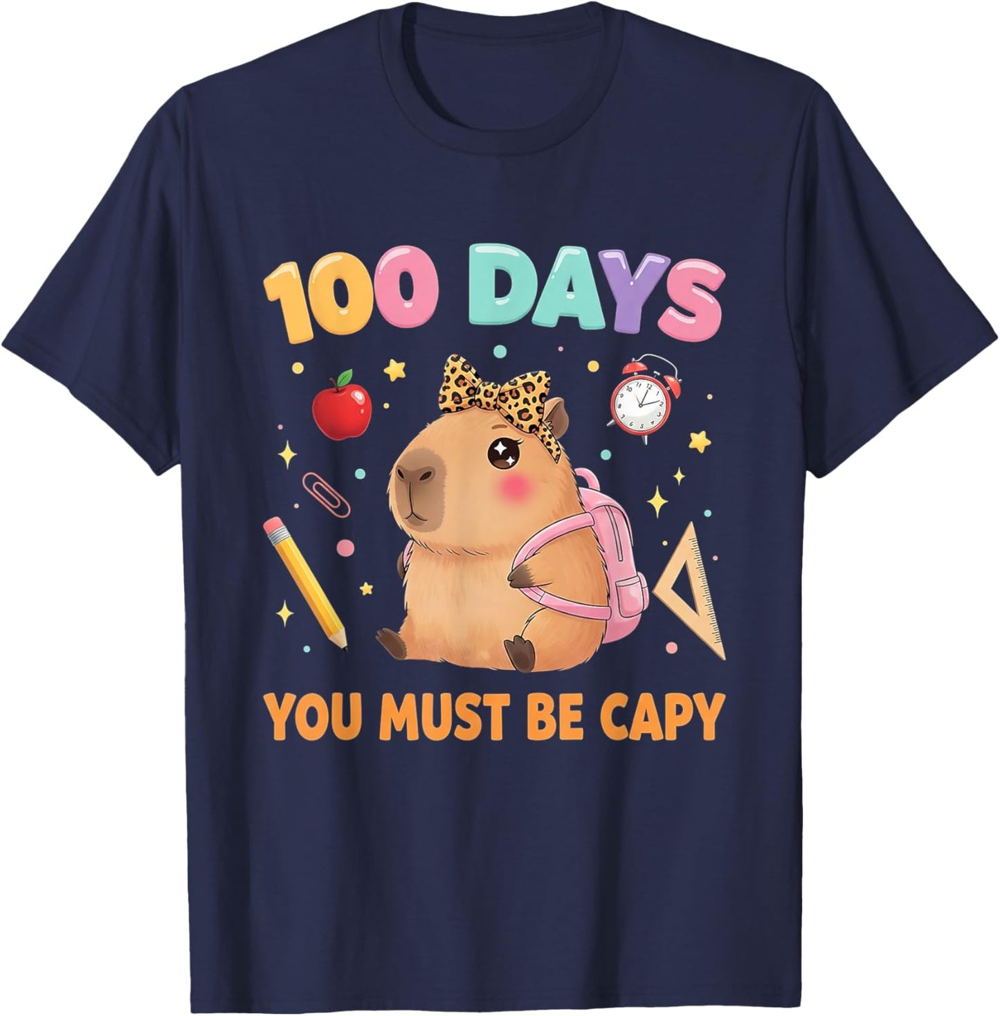 Cute 100 Days of School Capybara with Leopard Bow Teacher T-Shirt - T-Shirt | Navy