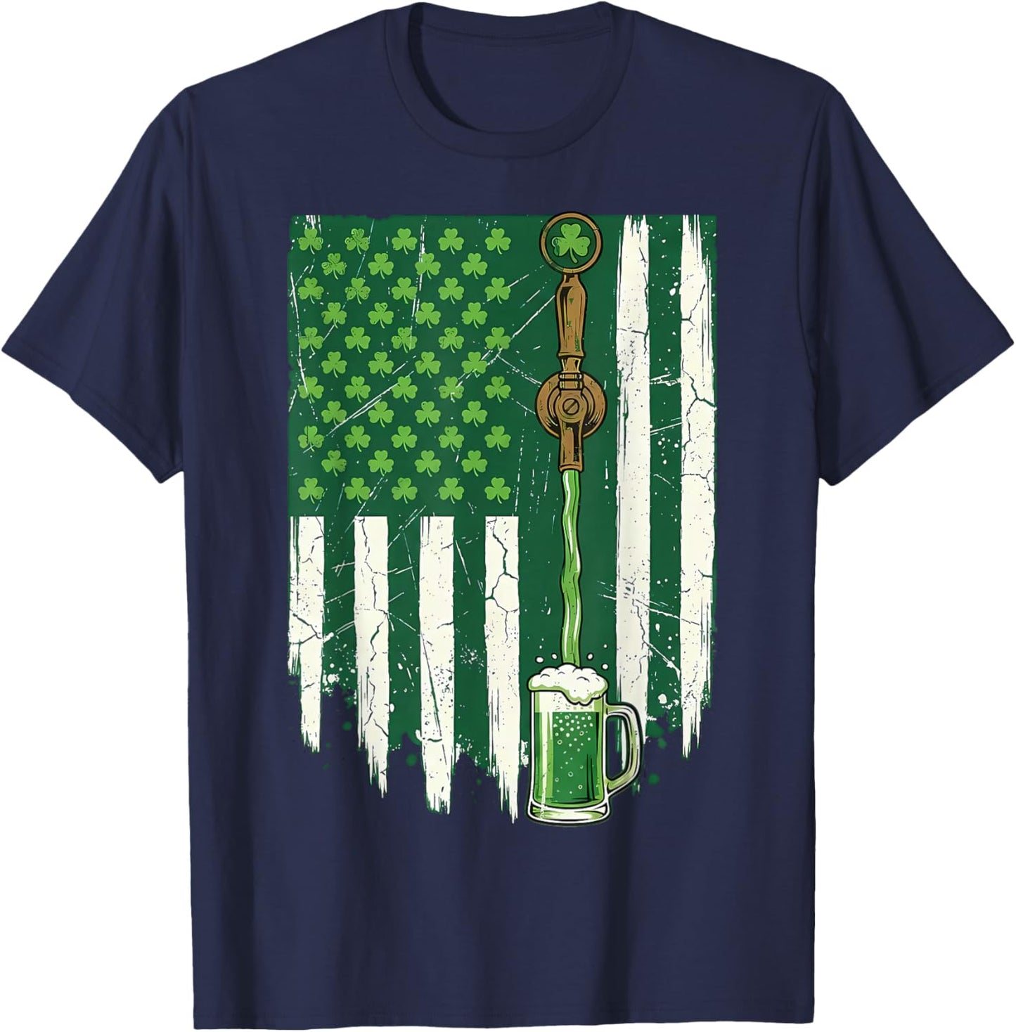 Shamrock Beer USA Flag, St Patricks Irish Drinking Apparel T-Shirt - T-Shirt | Navy