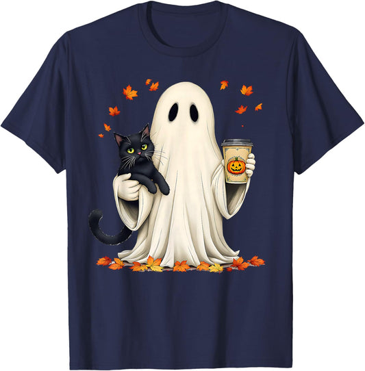 Ghost Holding a Cat with Pumpkin Coffee Halloween & Autumn T-Shirt - T-Shirt | Navy