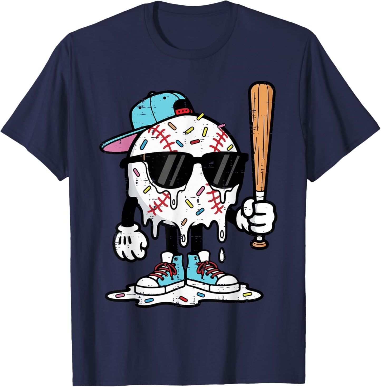 Baseball Ice Cream Drip Funny Sports Boys Kids Youth Men T-Shirt - T-Shirt | Navy
