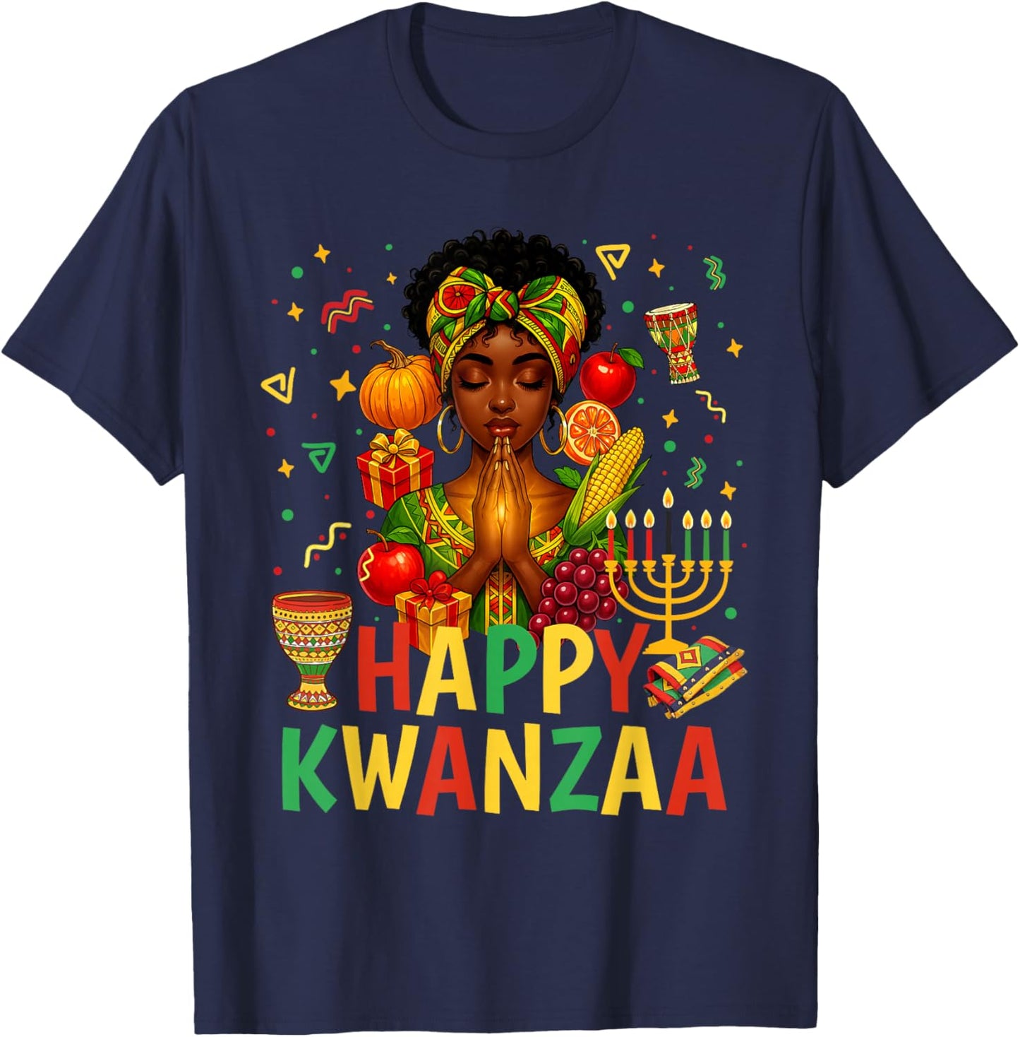 Happy Kwanzaa Pray Black Woman Afro American Christian T-Shirt - T-Shirt | Navy