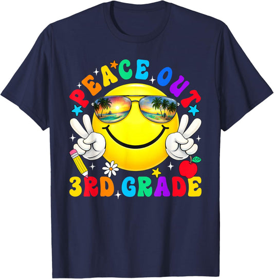 Peace Out Third Grade Last Day of School Groovy Smile Face T-Shirt - T-Shirt | Navy