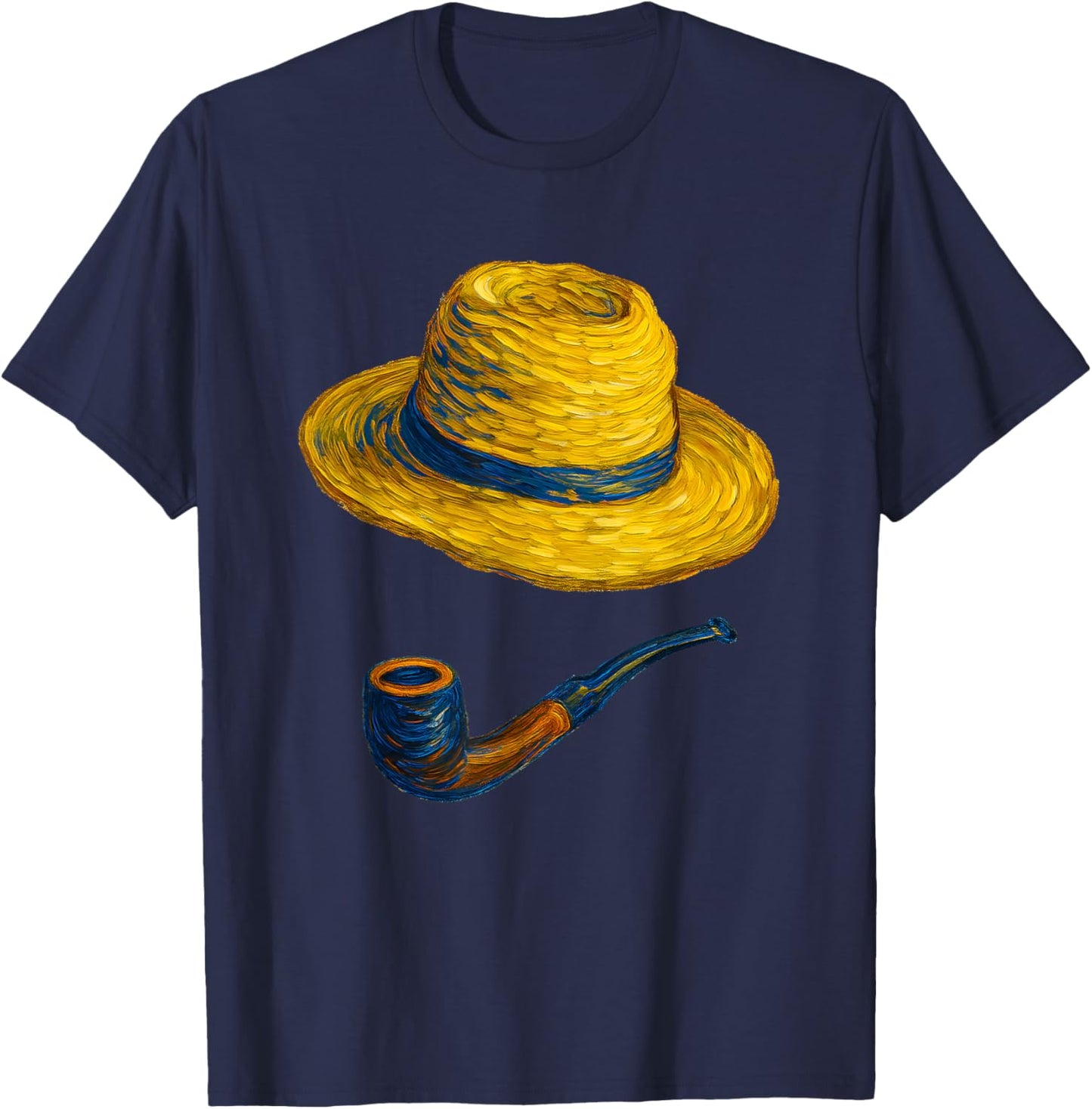 Straw Hat and Blue Pipe Van Gogh Style Art Painting T-Shirt - T-Shirt | Navy