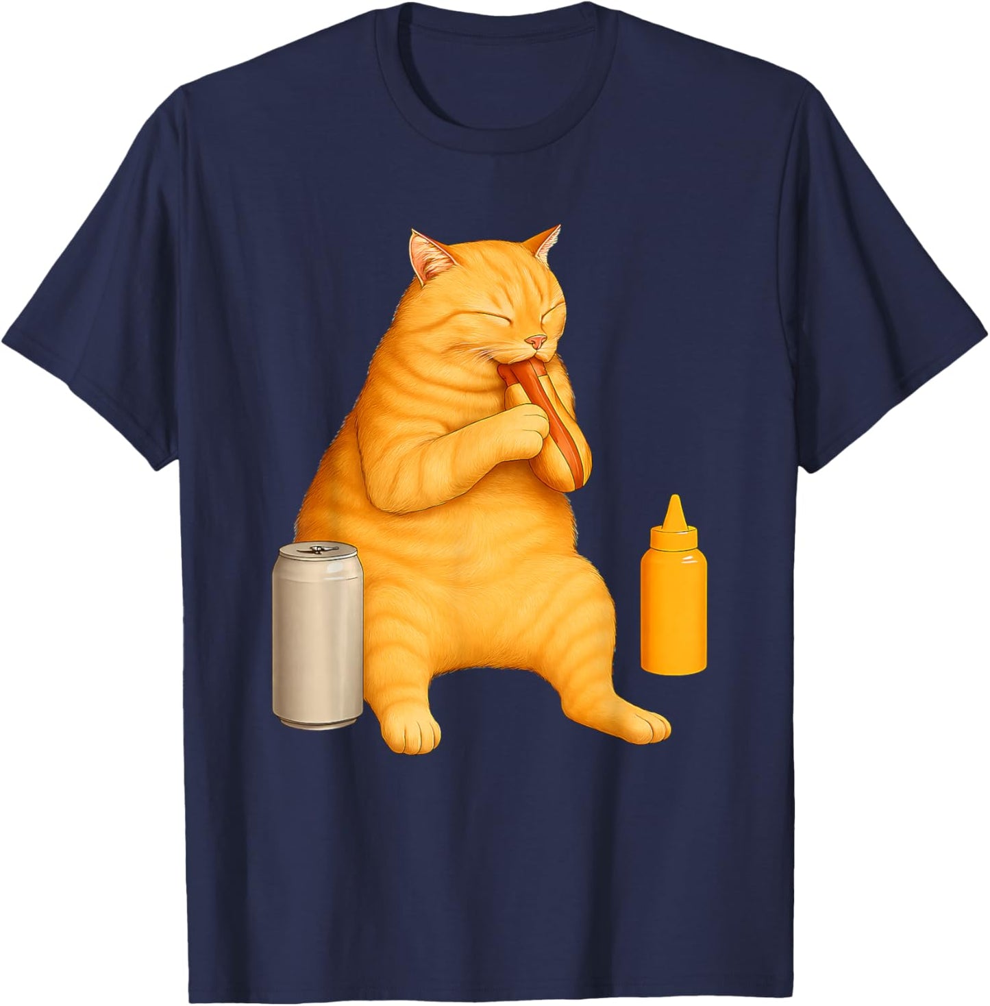 Funny Cat Eating Hot Dog for Foodies and Pet Lovers T-Shirt - T-Shirt | Navy