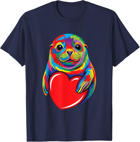 Seal Hugging Valentine Heart Color Critters Rainbow T-Shirt - T-Shirt | Navy