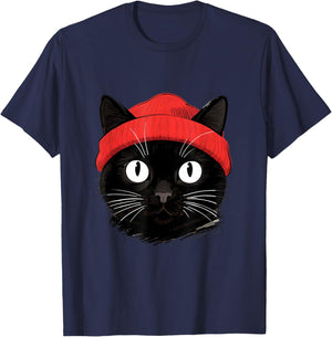 Black Cat with Red Beanie Vintage Design T-Shirt - T-Shirt | Navy