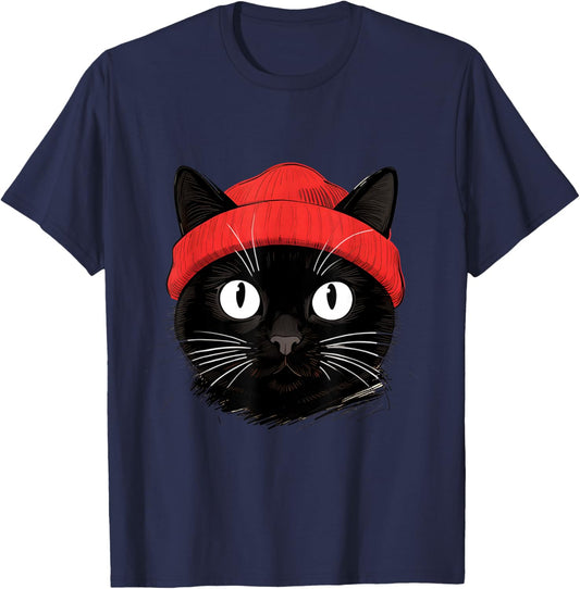Black Cat with Red Beanie Vintage Design T-Shirt - T-Shirt | Navy