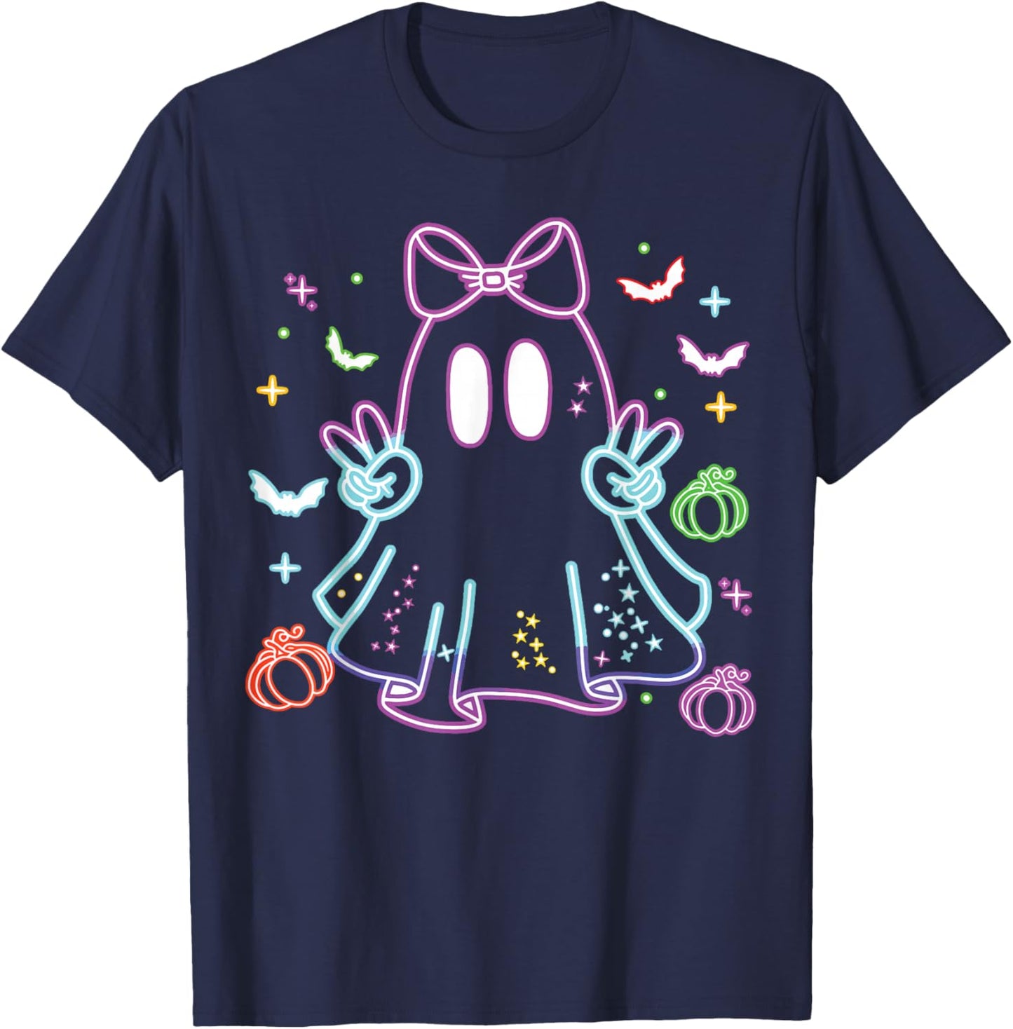 Boo Ghost Spooky Season Girls Kids Glow in Halloween Night T-Shirt - T-Shirt | Navy
