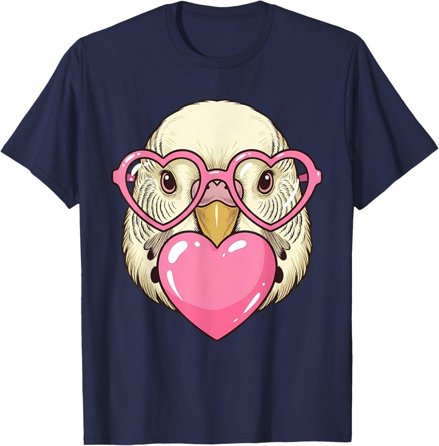 Cute Parakeet Blowing Pink Valentine Heart Bubble Gum T-Shirt - T-Shirt | Navy