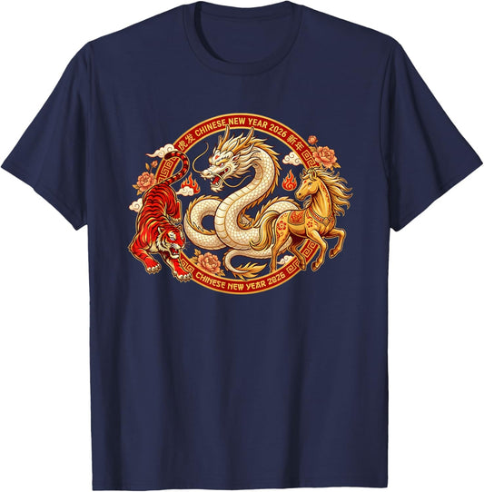 Lunar Zodiac Dragon Tiger Horse Harmony Chinese New Year T-Shirt - T-Shirt | Navy