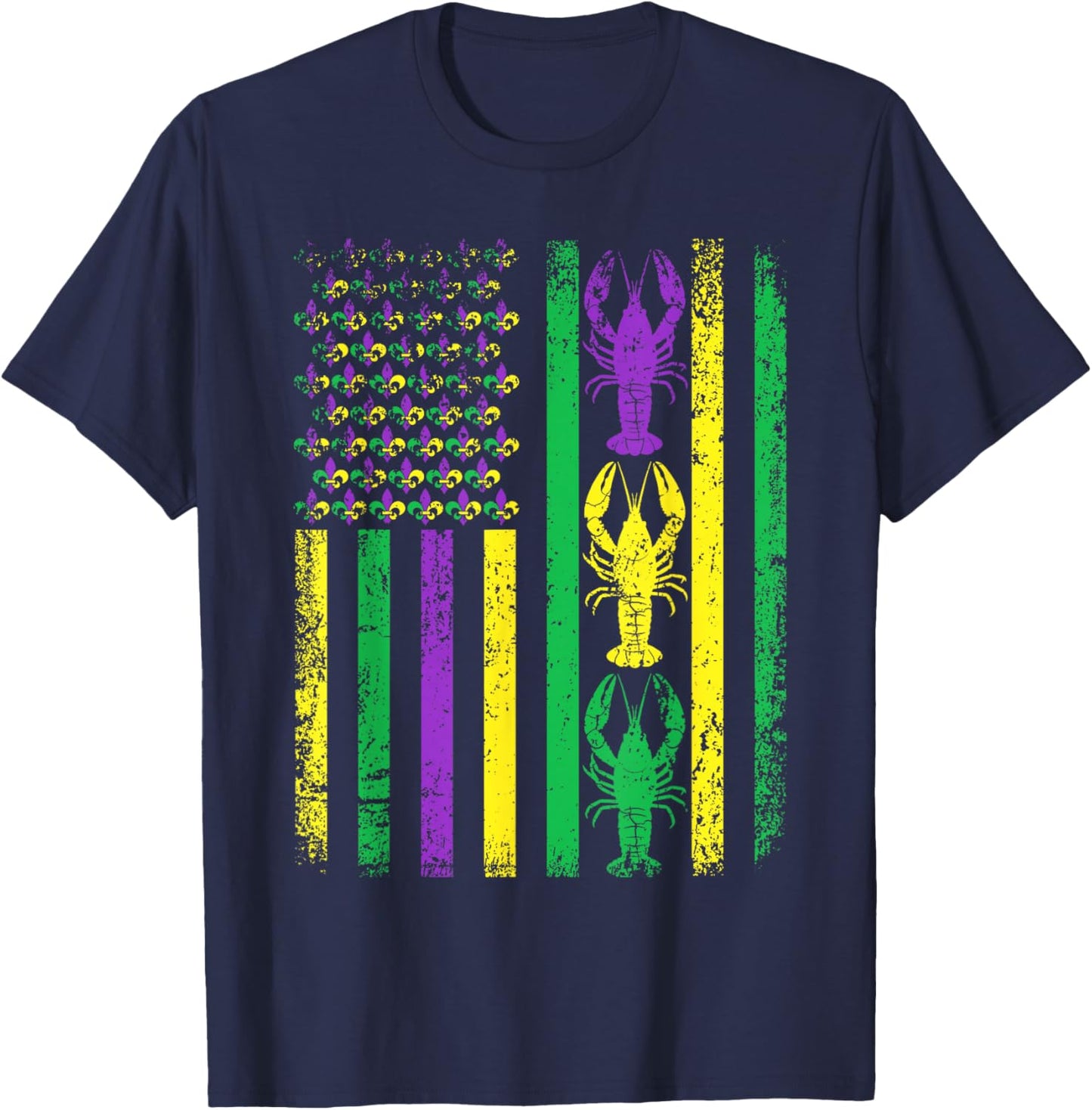 Retro Mardi Gras USA American Flag Crawfish Parade Men Women T-Shirt - T-Shirt | Navy