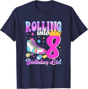 Rolling Into 8 Years Old Roller Skating Girl 8th Birthday T-Shirt - T-Shirt | Navy