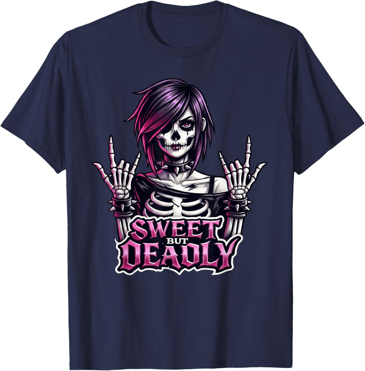 Sweet But Deadly Skeleton Gothic Girl Rock'n Roll Punk T-Shirt - T-Shirt | Navy