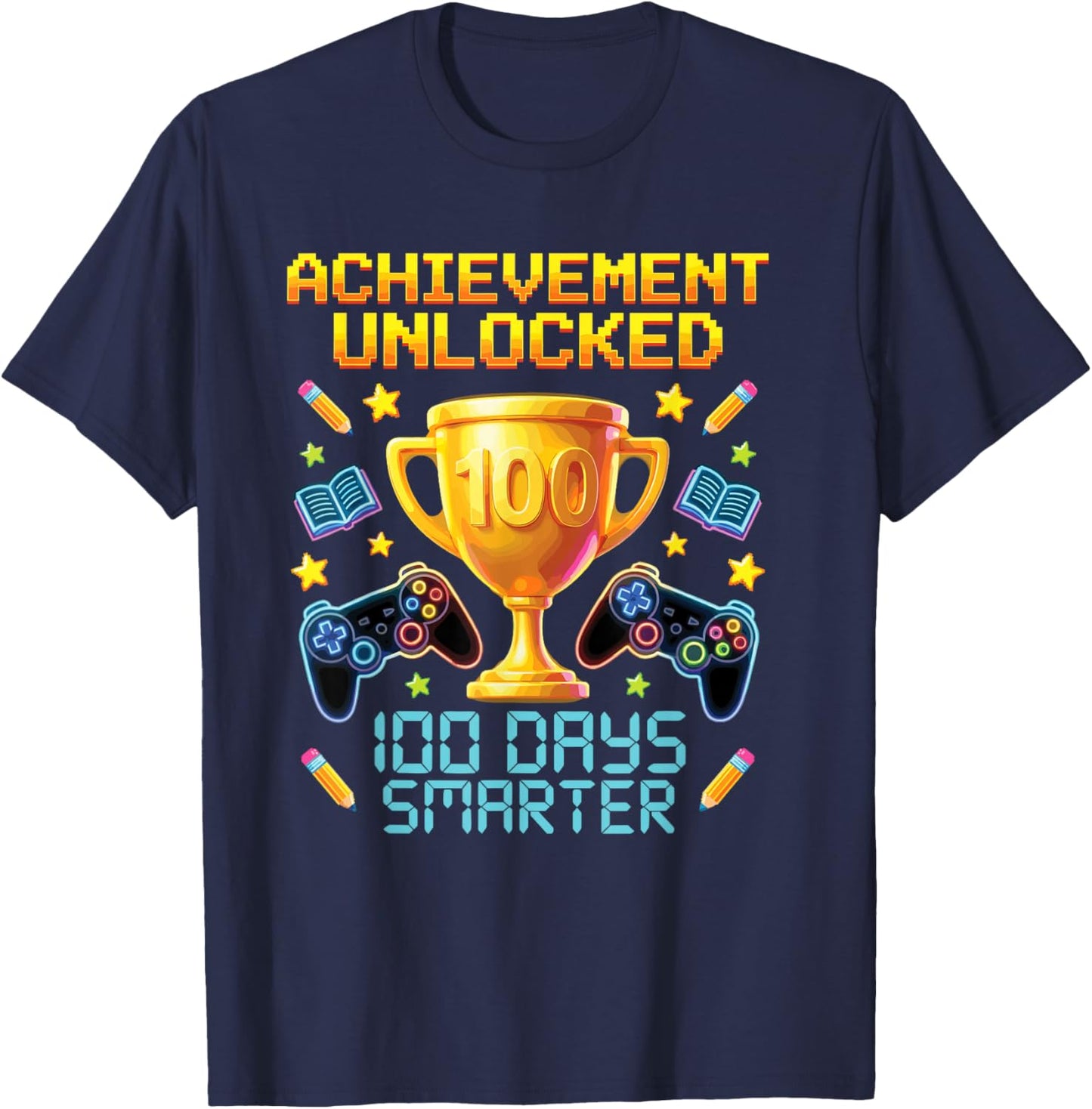 100 Days Smarter Gaming Achievement Unlocked Gamer Aura T-Shirt - T-Shirt | Navy