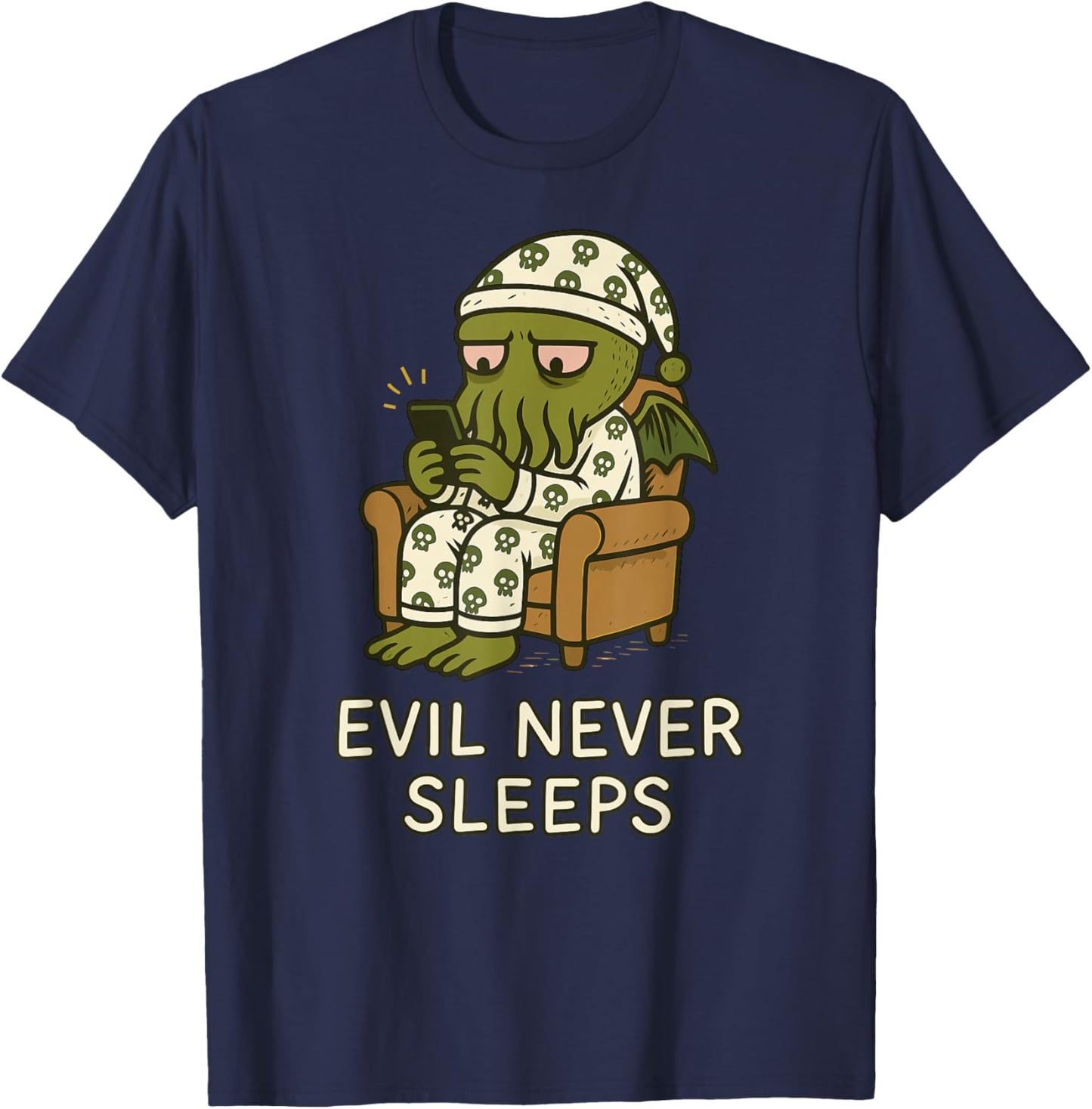 Evil Never Sleeps, Lovecraftian Doomscrolling Cthulhu Pajama T-Shirt - T-Shirt | Navy