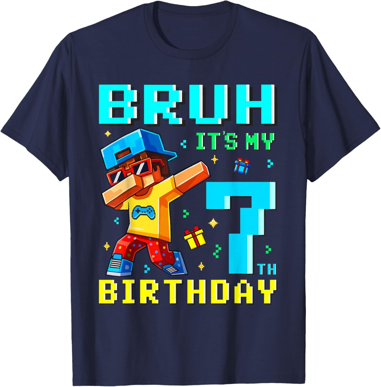 7 Year Old Birthday Boy Bruh It's My 7th Birthday Game Pixel T-Shirt - T-Shirt | Navy