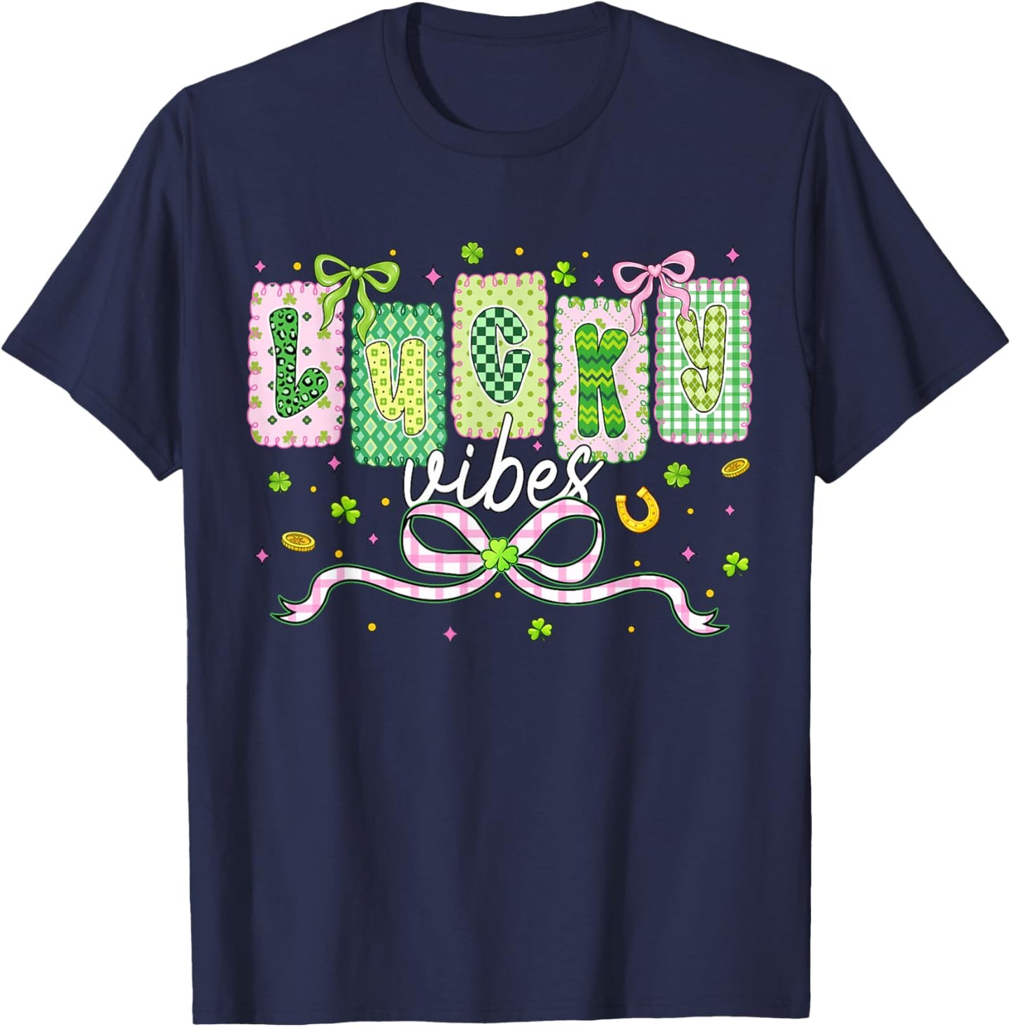 Preppy St Patricks Day Lucky Vibes Shamrock Women Girls Kids T-Shirt - T-Shirt | Navy