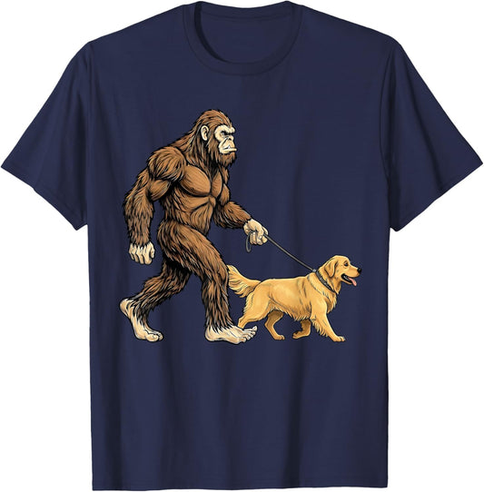 Bigfoot Walking Golden Retriever Dog Funny Sasquatch T-Shirt - T-Shirt | Navy