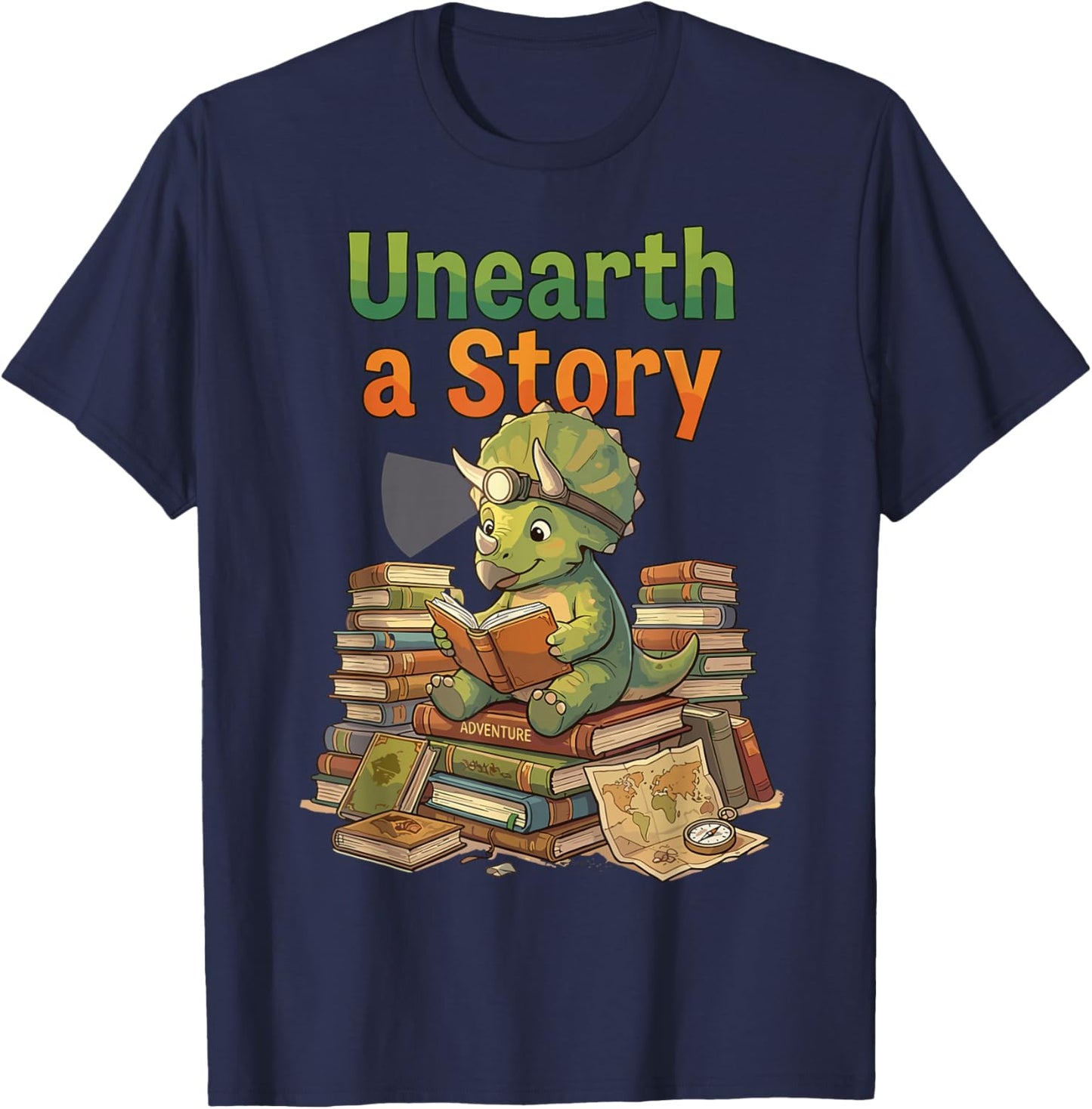 Unearth a Story Triceratops Dinosaur Reading Books Cute Dino T-Shirt - T-Shirt | Navy