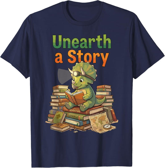 Unearth a Story Triceratops Dinosaur Reading Books Cute Dino T-Shirt - T-Shirt | Navy