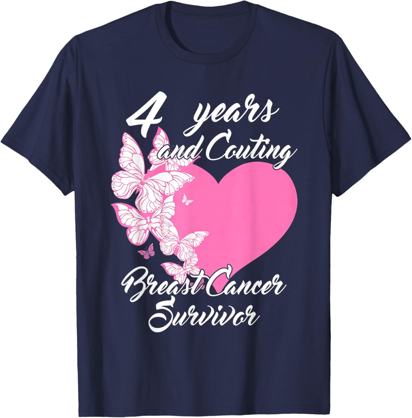 Survivor 4 Years Cancer Free Breast Cancer Butterfly Heart T-Shirt - T-Shirt | Navy