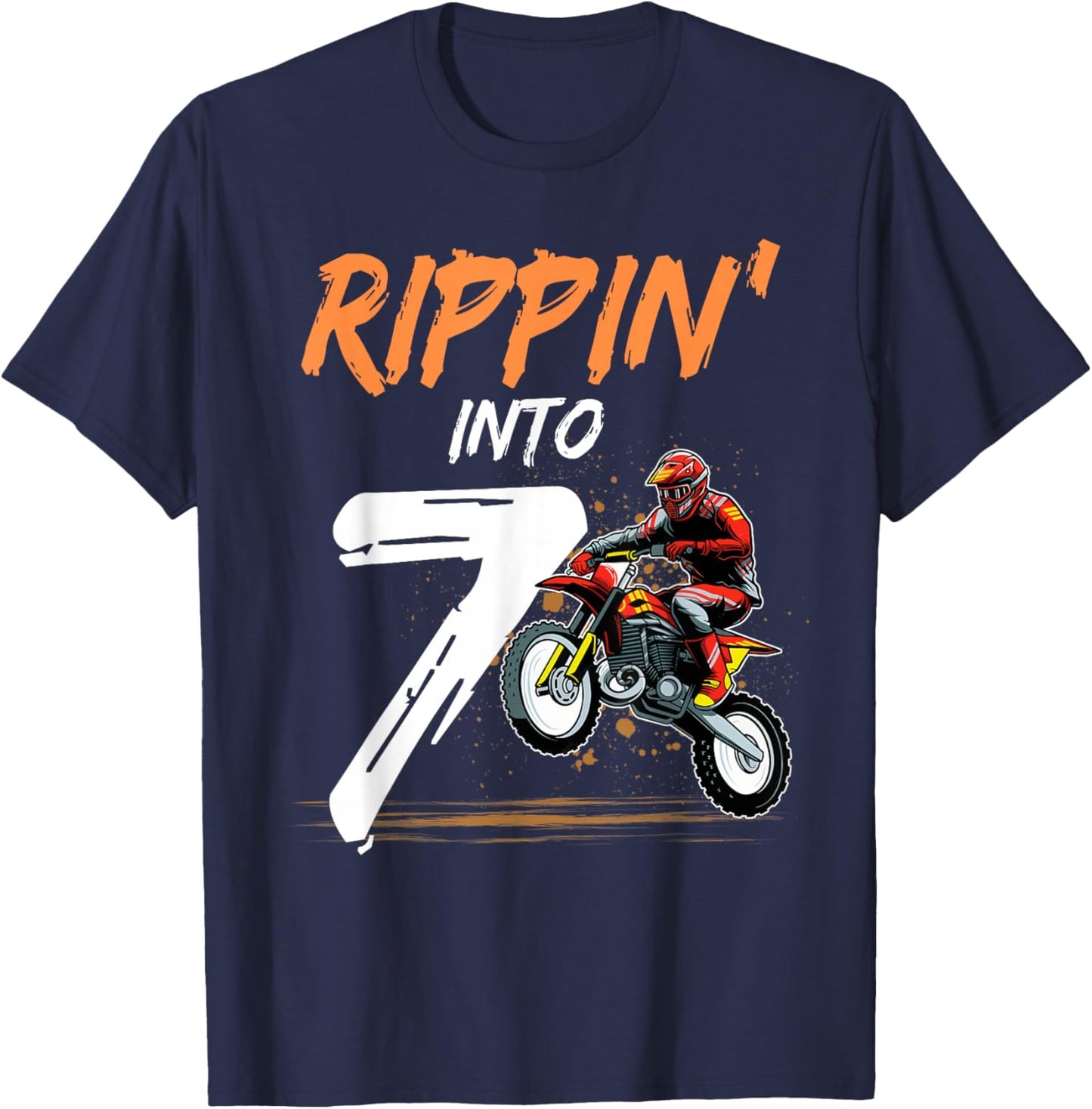 7 Year Old Boy Rippin' Into 7 Birthday Dirt Bike Themed T-Shirt - T-Shirt | Navy