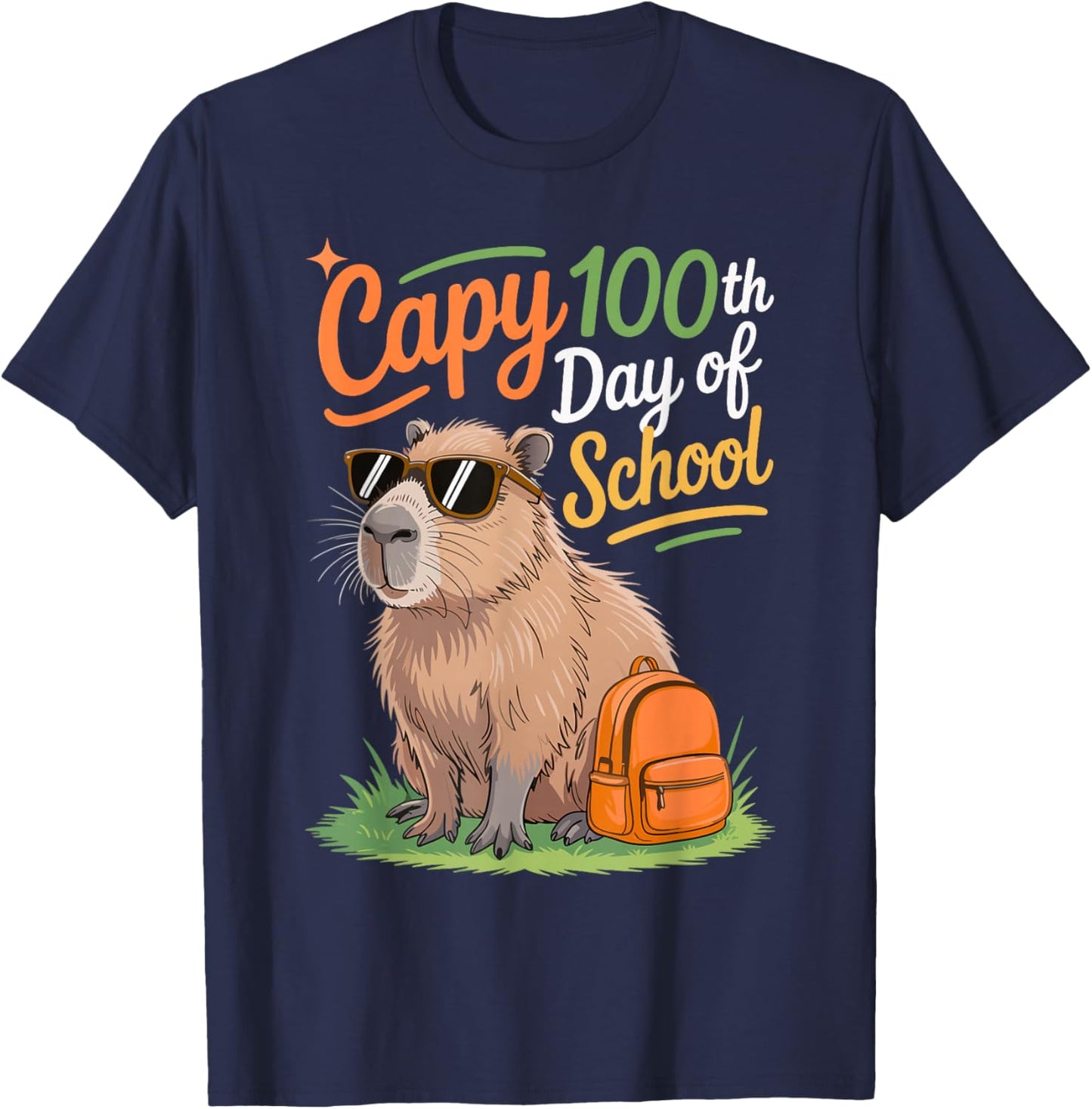 Fun Capy 100th Day of School Funny Capybara 100 Days Smarter T-Shirt - T-Shirt | Navy