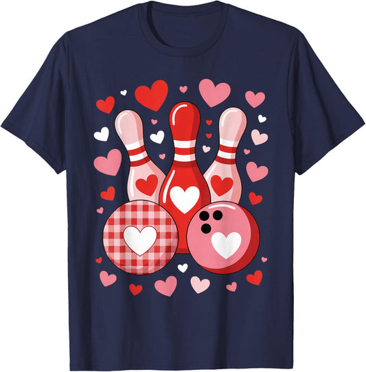 Cute Bowling Love Heart Valentines Plaid Bowling Heart Love T-Shirt - T-Shirt | Navy