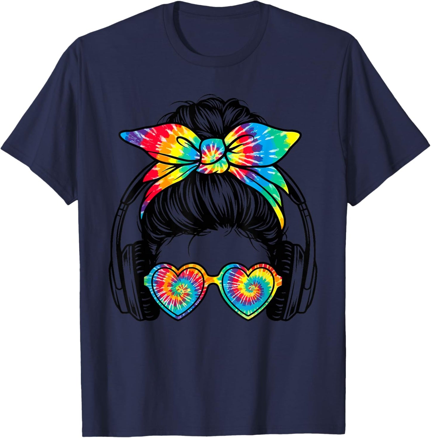 Audiophile Tie Dye Messy Bun Girl with Headphones Music T-Shirt - T-Shirt | Navy