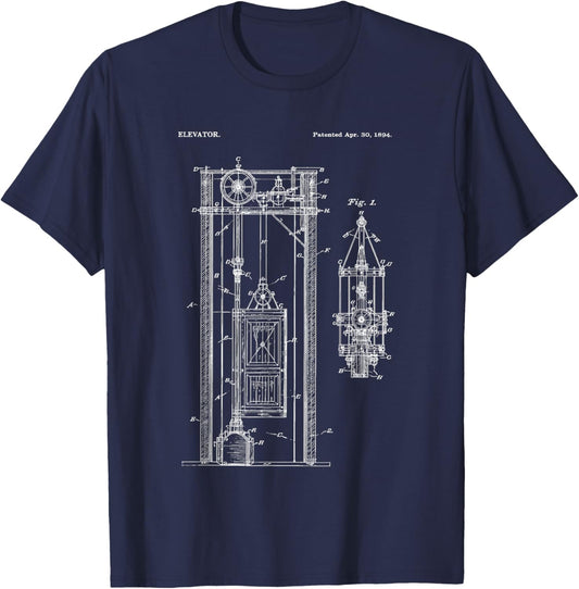 Elevator Patent Vintage Engineering Blueprint Mechanic Humor T-Shirt - T-Shirt | Navy