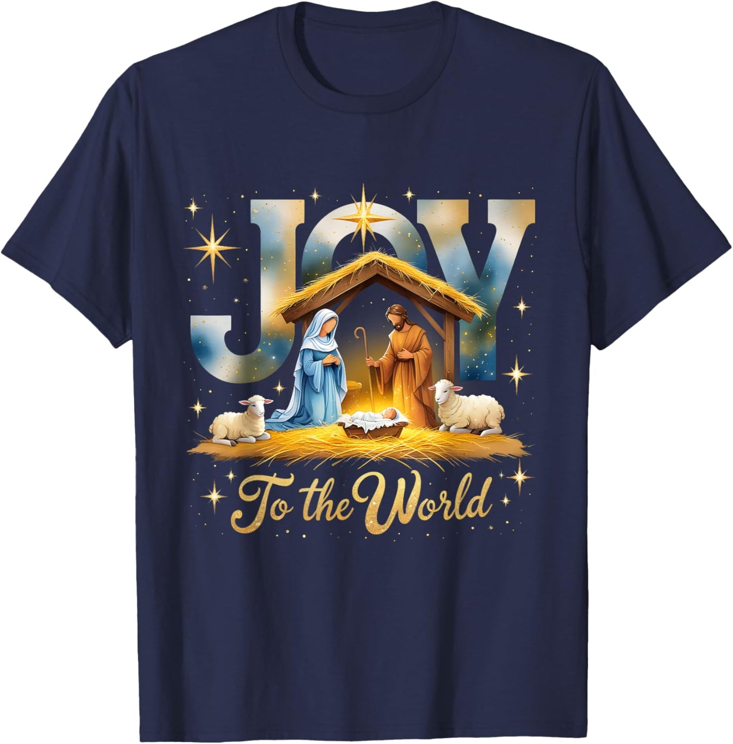 Joy to The World Nativity Scene Christmas T-Shirt - T-Shirt | Navy