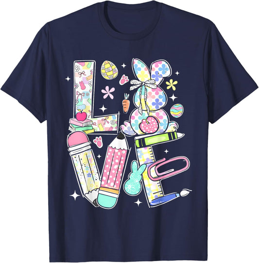 Love Easter Bunny Teacher Kid Cute Rabbit Spring Girl Women T-Shirt - T-Shirt | Navy