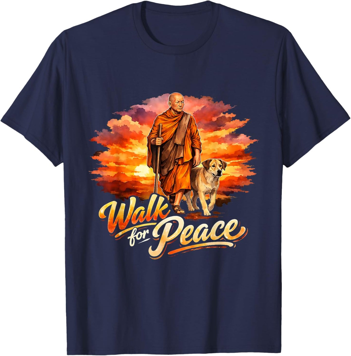 Walk for Peace Mindful Monk Spiritual Art T-Shirt - T-Shirt | Navy