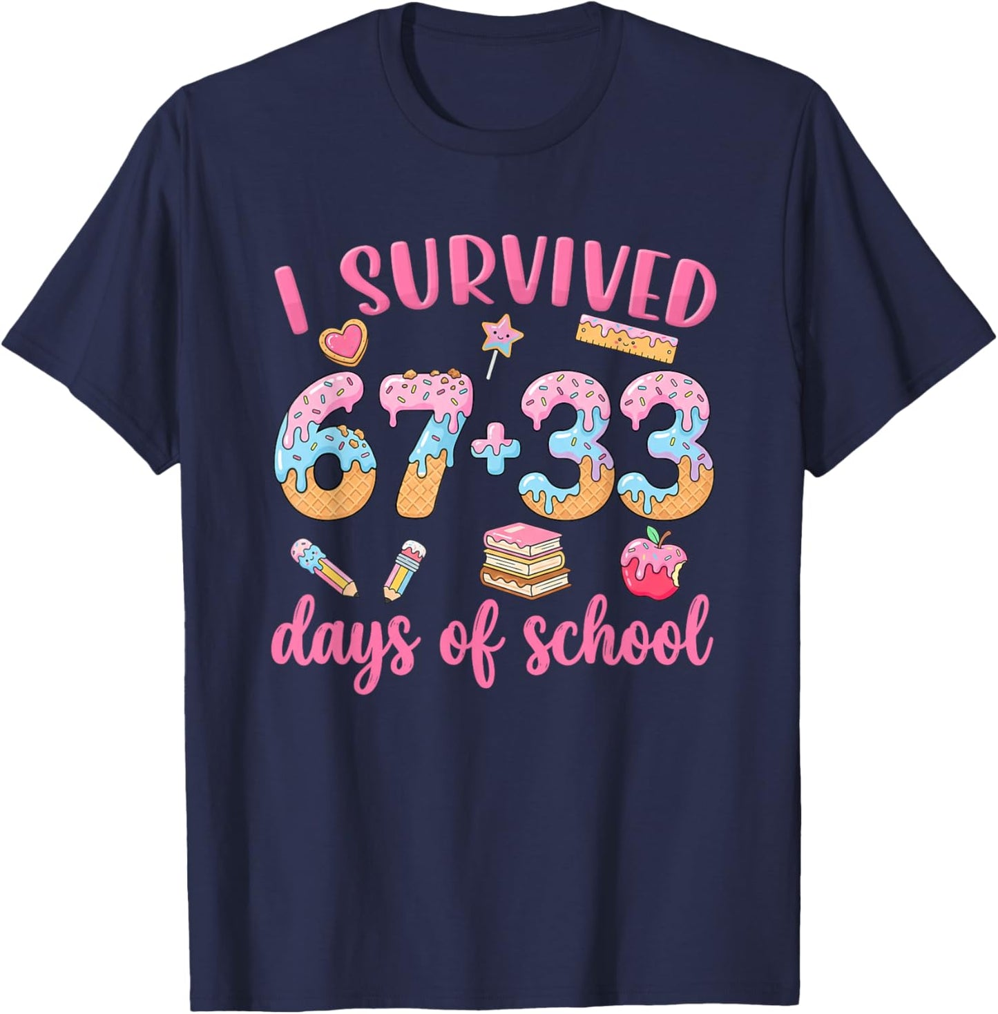 I Survived 67 33 Days of School Ice-Cream Drip 100th Day Kid T-Shirt - T-Shirt | Navy